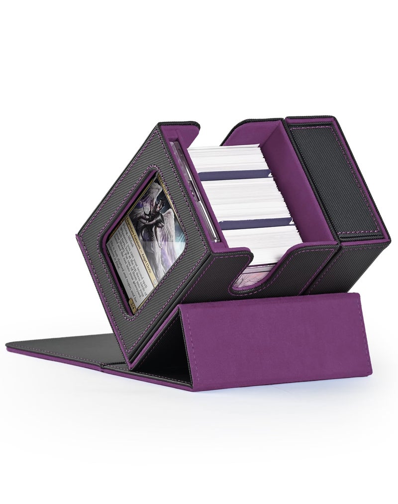 ZLCA MTG Deck Box  Commander Deck Box with Display Window  Card Deck Box Holds 100 Double-Sleeved Cards with Dice Tray & 35pt Magnetic Card Holder(Black& purple) - Image 1